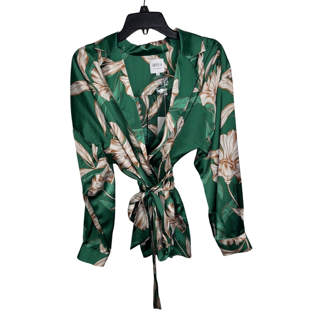 MISA Los Angeles Emerald Green Floral Print Satin Wrap Blouse Top Size S - Picture 3 of 8